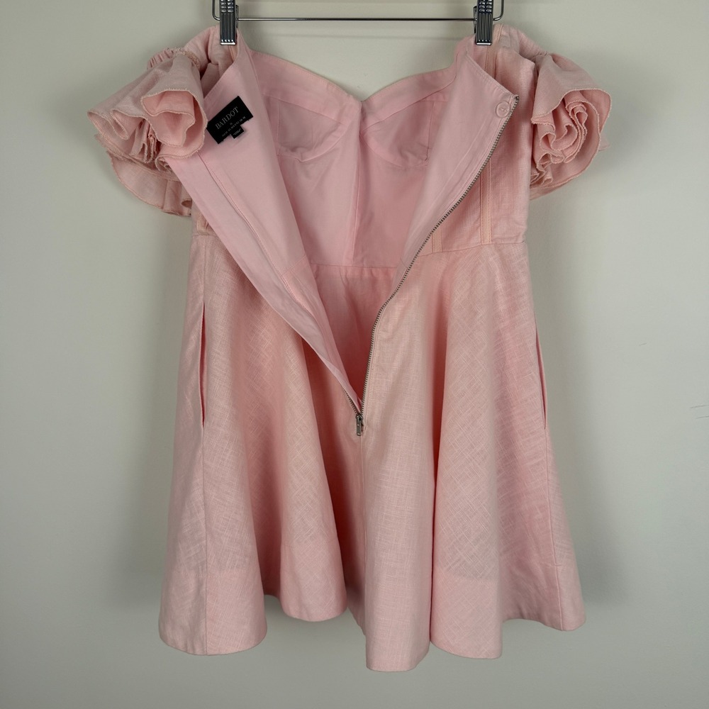 Bardot Pink Linen Corset‎ Mini Dress Women XL US 10 Ruffle Off Shoulder Coquette - Picture 9 of 9